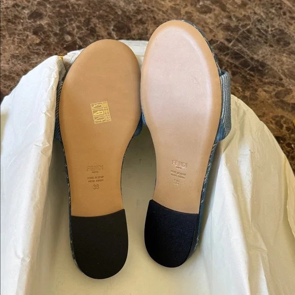 Fendi denim logo sandals flats slides blue striped canvas sz 38 - Picture 8 of 9
